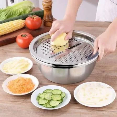3Pcs Stainless Steel Drain Basket & Multifunctional Vegetable Cutter Set (26cm)