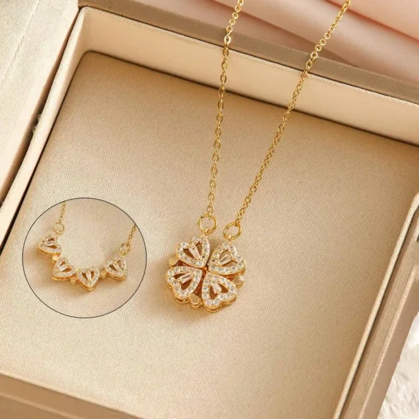2-in-1 Magnetic Four Leaf Clover Heart Gold Necklace