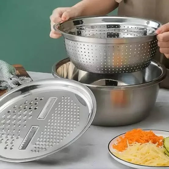 3Pcs Stainless Steel Drain Basket & Multifunctional Vegetable Cutter Set (26cm)