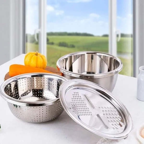 3Pcs Stainless Steel Drain Basket & Multifunctional Vegetable Cutter Set (26cm)