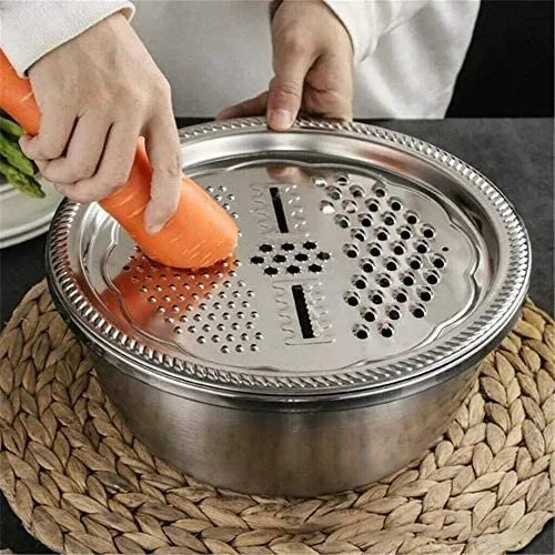 3Pcs Stainless Steel Drain Basket & Multifunctional Vegetable Cutter Set (26cm)