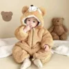 Cute Teddy Bear Fleece Hooded Baby Romper Snowsuit